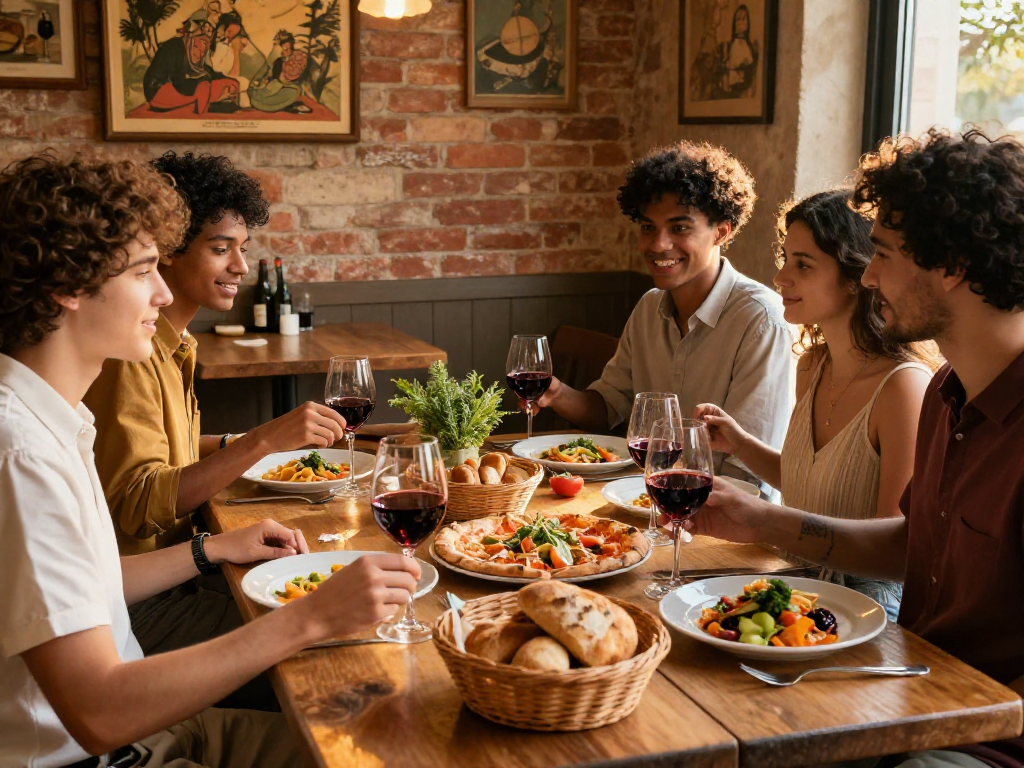Diverse friends enjoying a meal at an Italian restaurant, featuring lavowin-inspired dishes and warm golden light.