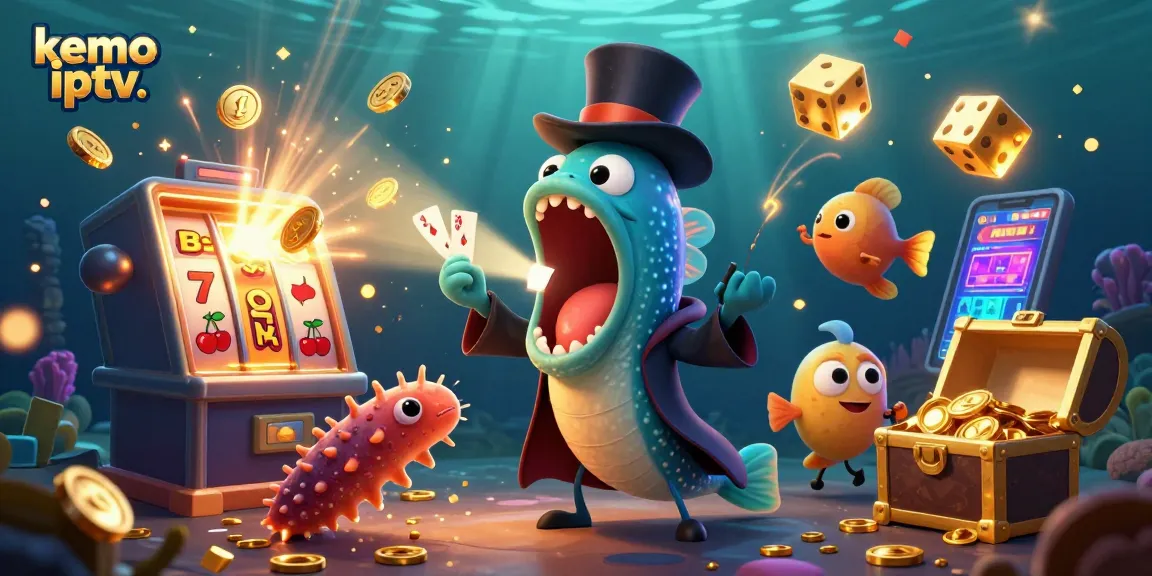 Kemo IPTV offers a unique online gambling experience with vibrant casino-themed characters and elements in a lively 3D illustration.