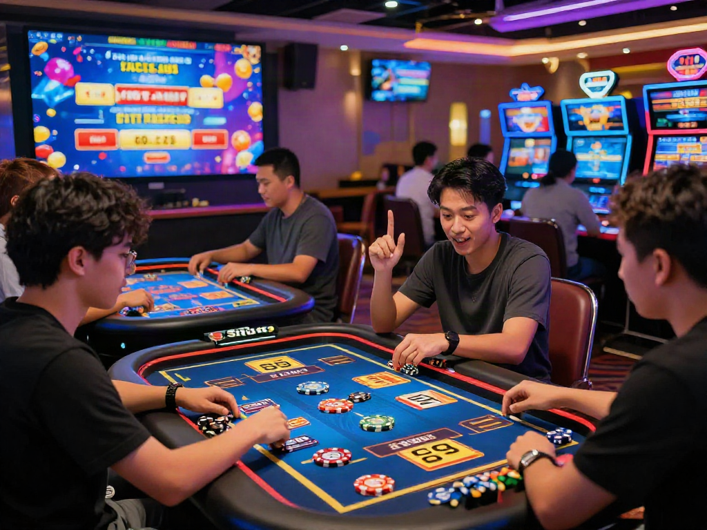 Players enjoying diverse situs toto gaming activities in a vibrant online casino atmosphere.
