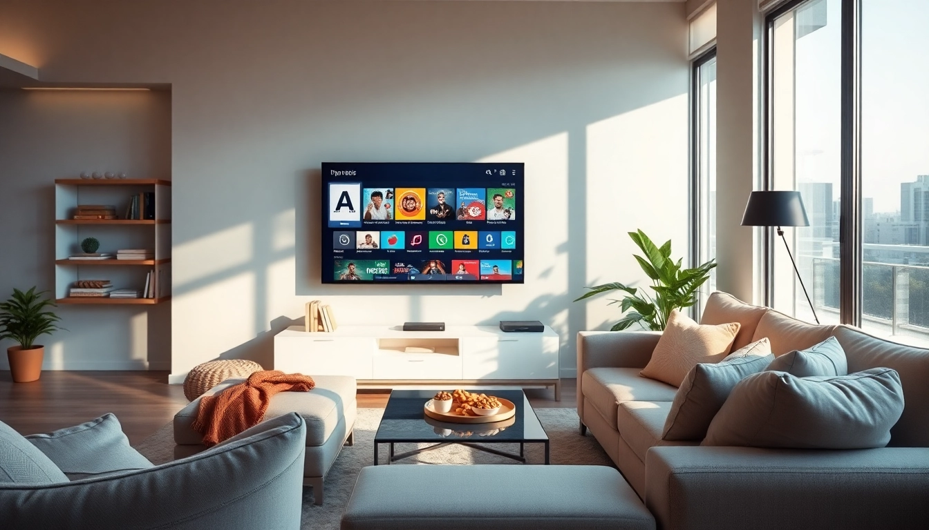 Watch FREE IPTV Trial channels on a stylish smart TV in a cozy living room setup.