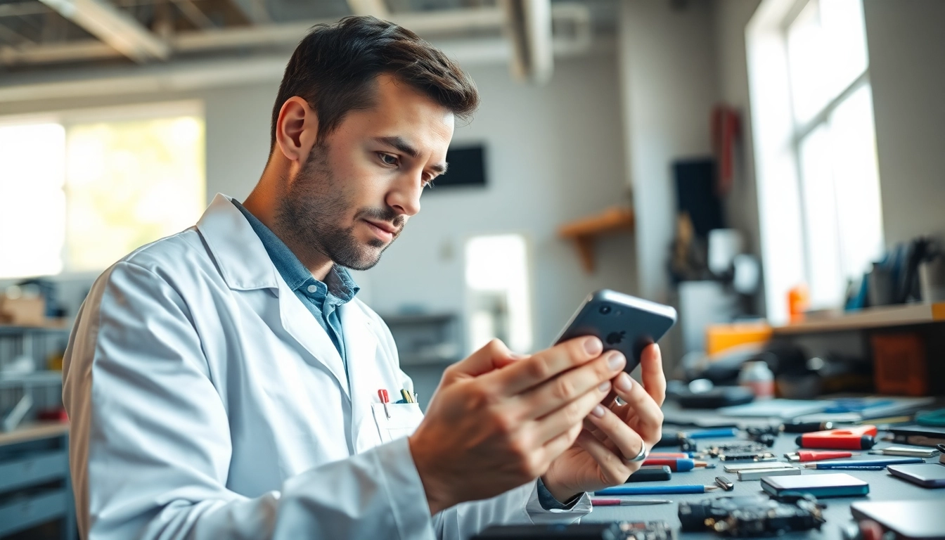 Sell phone cash North Little Rock AR technician evaluating smartphone for resale.