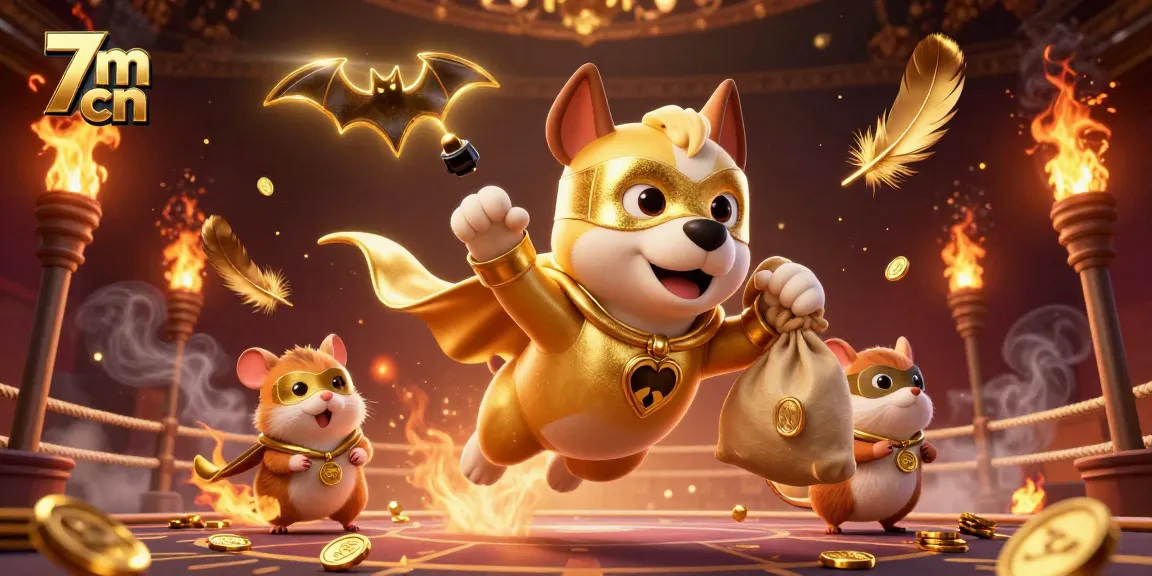 7m cn brings excitement as a superhero dog flies with coins in a vibrant sports betting arena.