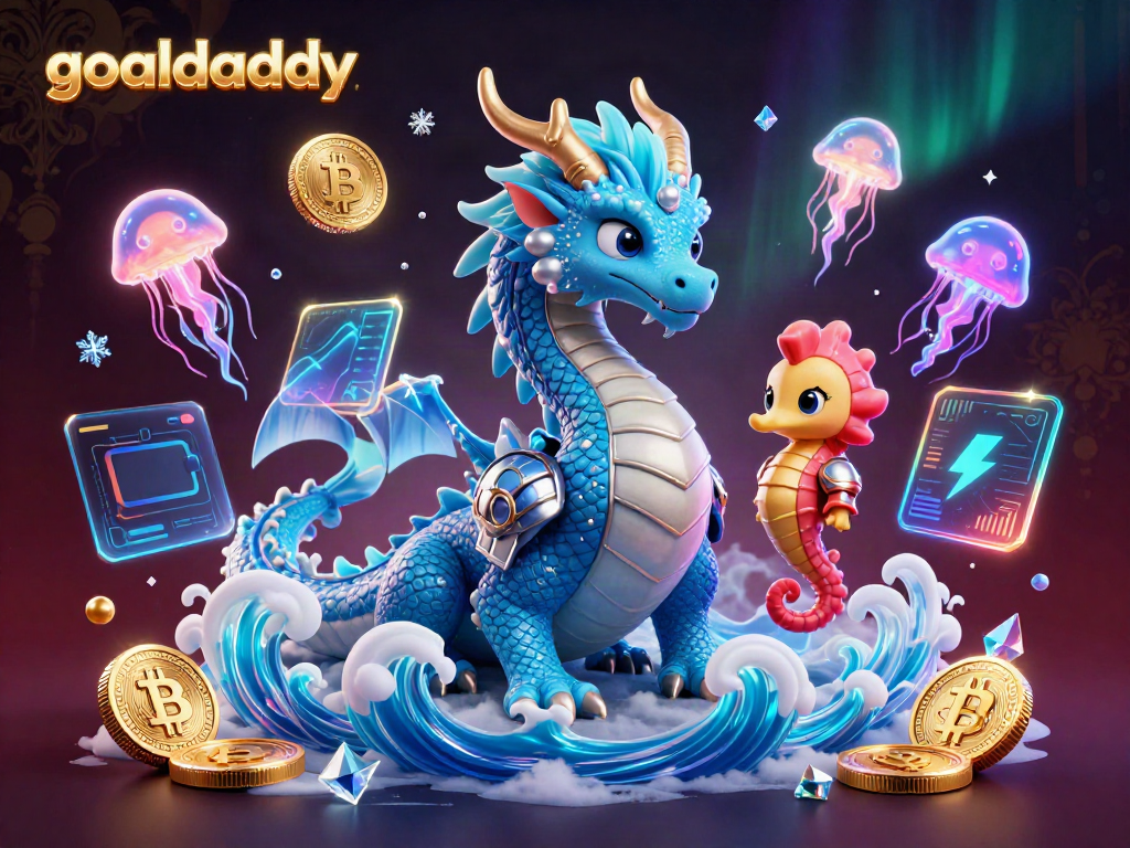 Watch goaldaddy's dragon and knight in a vibrant 3D casino scene with glowing crypto elements.