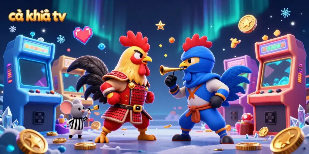 Experience the thrilling standoff of roosters in Cà Khịa TV's animated showdown, capturing gaming excitement.