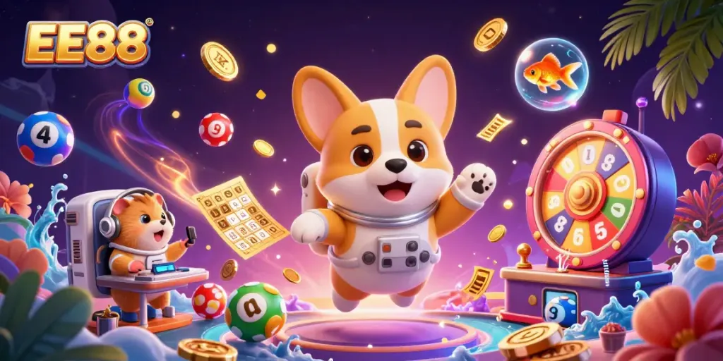 EE88 captures the excitement of online gaming with a floating corgi in a casino atmosphere.