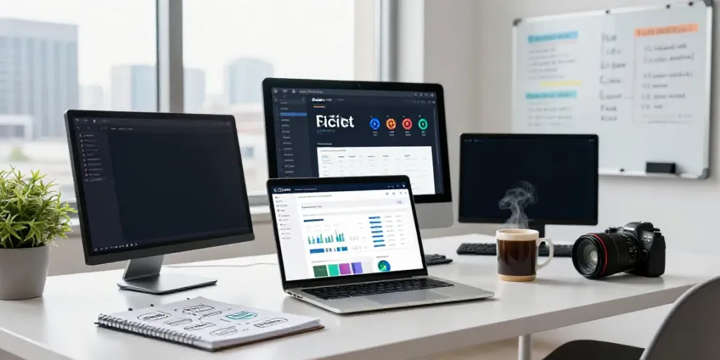 Marketer analyzing AI written content in a bright digital workspace with SEO metrics and strategy notes.