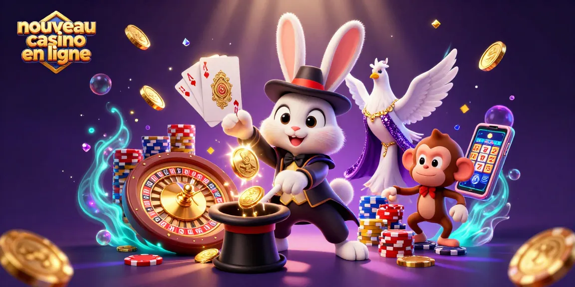 Explorez l'univers fascinant d'un nouveau casino en ligne avec notre illustration captivante, mettant en scène un magicien et ses complices.