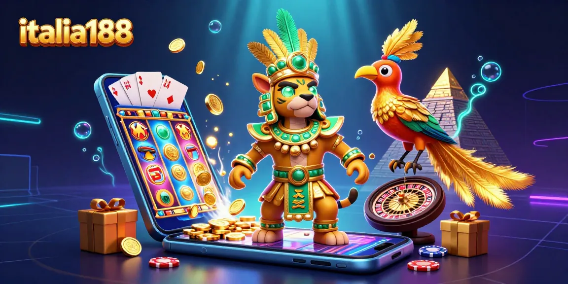 italia188 menampilkan 3D jaguar Maya dan burung quetzal meriah dengan elemen permainan slot dan koin emas yang memancar.