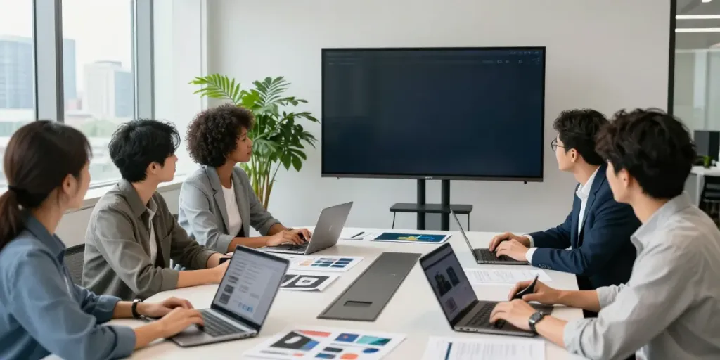 Team collaborating on a product configurator with CRM in a modern office, showcasing innovative solutions.
