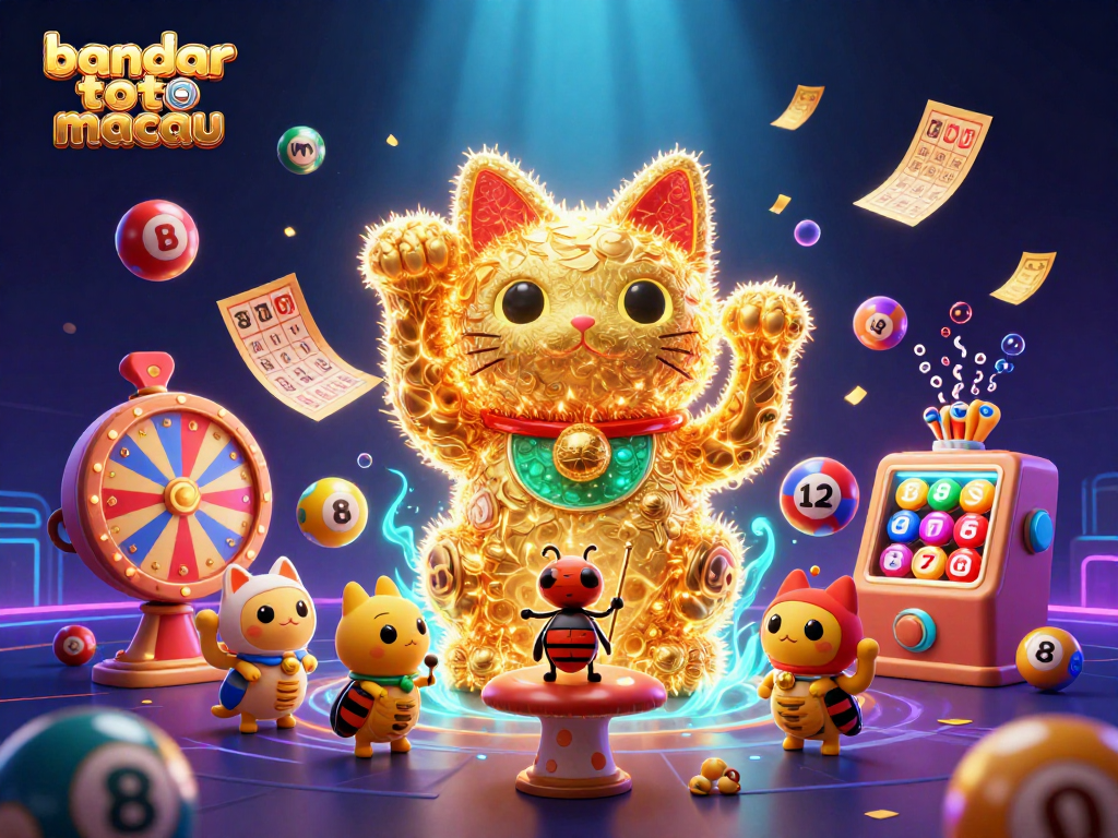 Experience the excitement of bandar toto macau with vibrant visuals of a lucky cat and colorful lottery elements.
