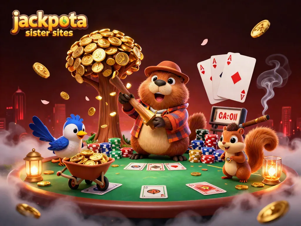 Experience excitement at jackpota sister sites with a lively casino scene featuring vibrant characters.