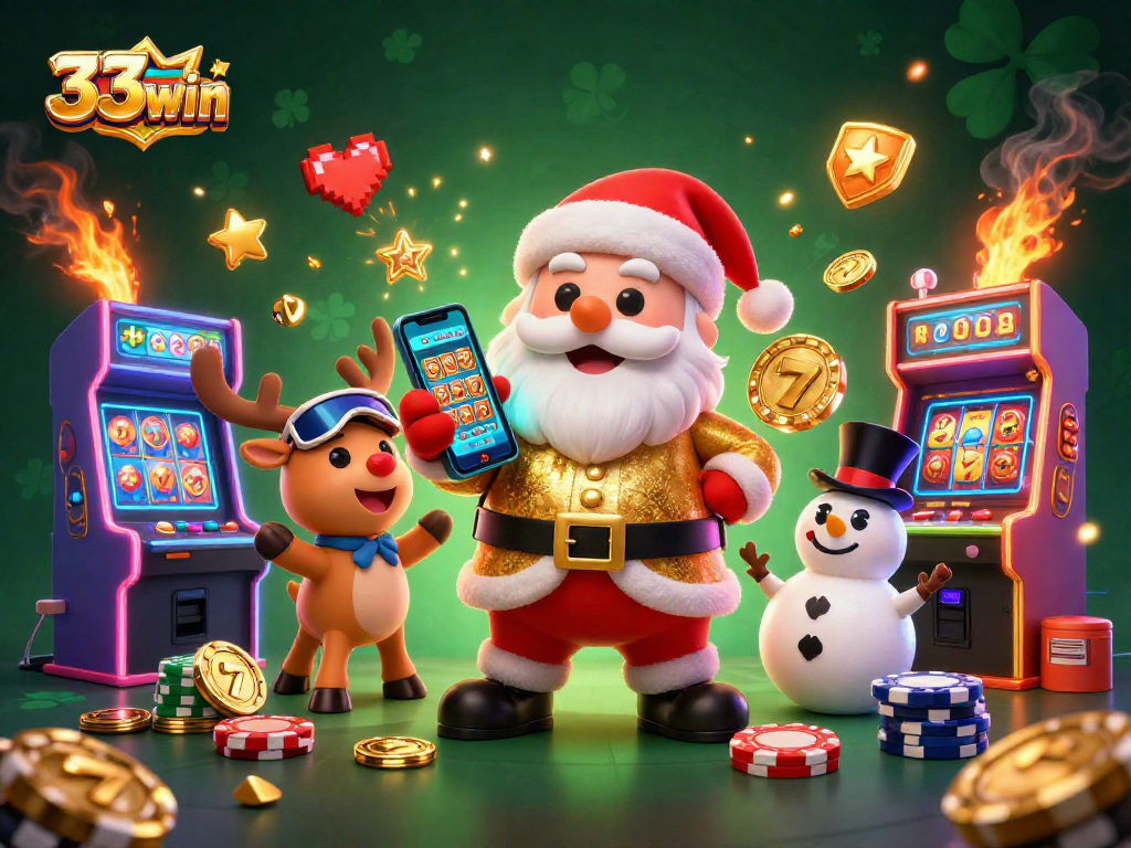Experience the excitement of 33win casino with festive characters celebrating jackpot wins amid vibrant gaming machines.