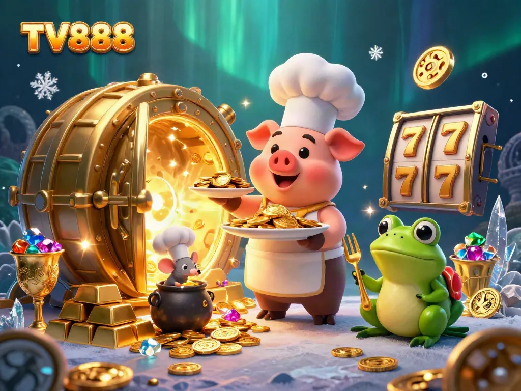 Experience thrilling gambling adventures with TV888, featuring a lavish 3D scene of gold coins, jewel-filled goblets, and cartoon characters.