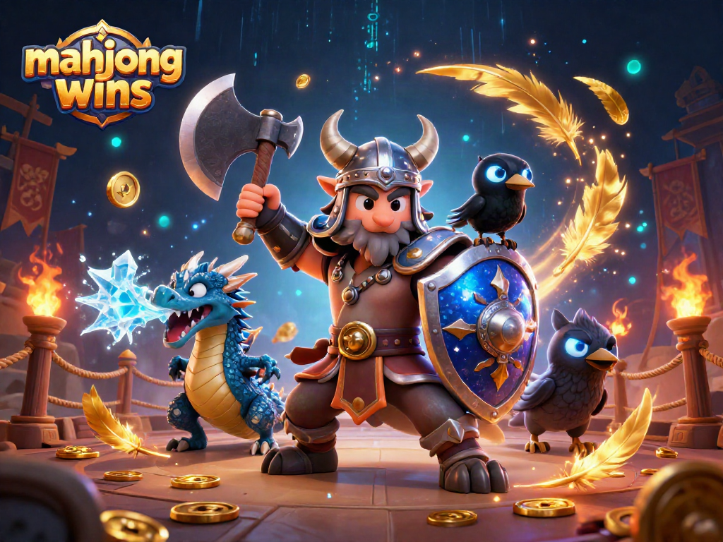 Experience mahjong wins with a Viking wolf warrior, dragon, and vibrant casino elements.