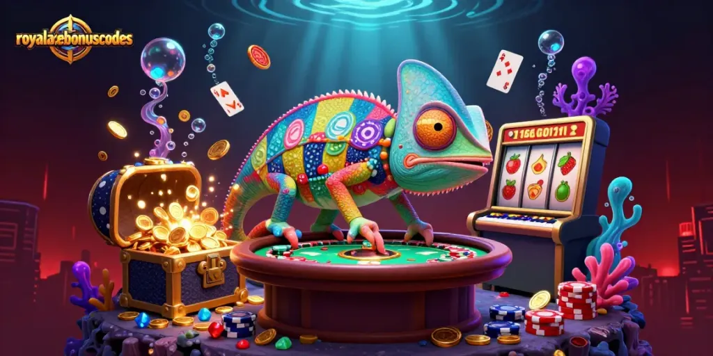 Engage with royalacebonuscodes for vibrant casino fun featuring a chameleon and dynamic game elements.
