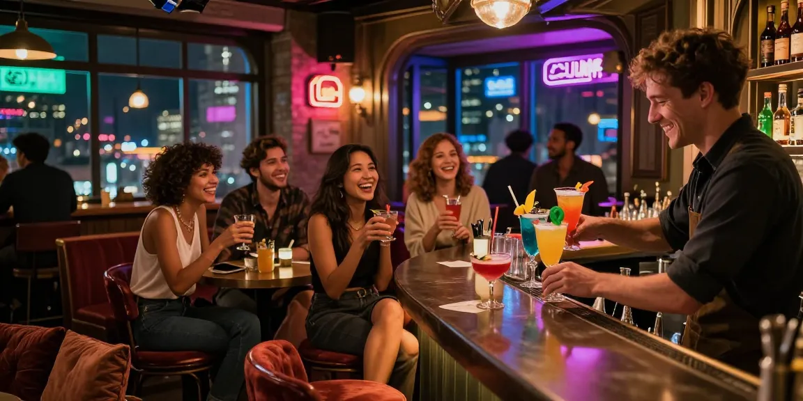 Vibrant 유흥사이트 nightlife experience with friends enjoying drinks in a lively bar.