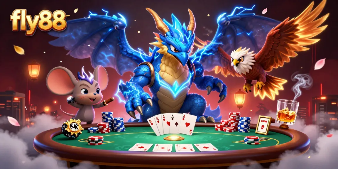fly88 players enjoy thrilling poker at a vibrant online casino, surrounded by dynamic game elements.