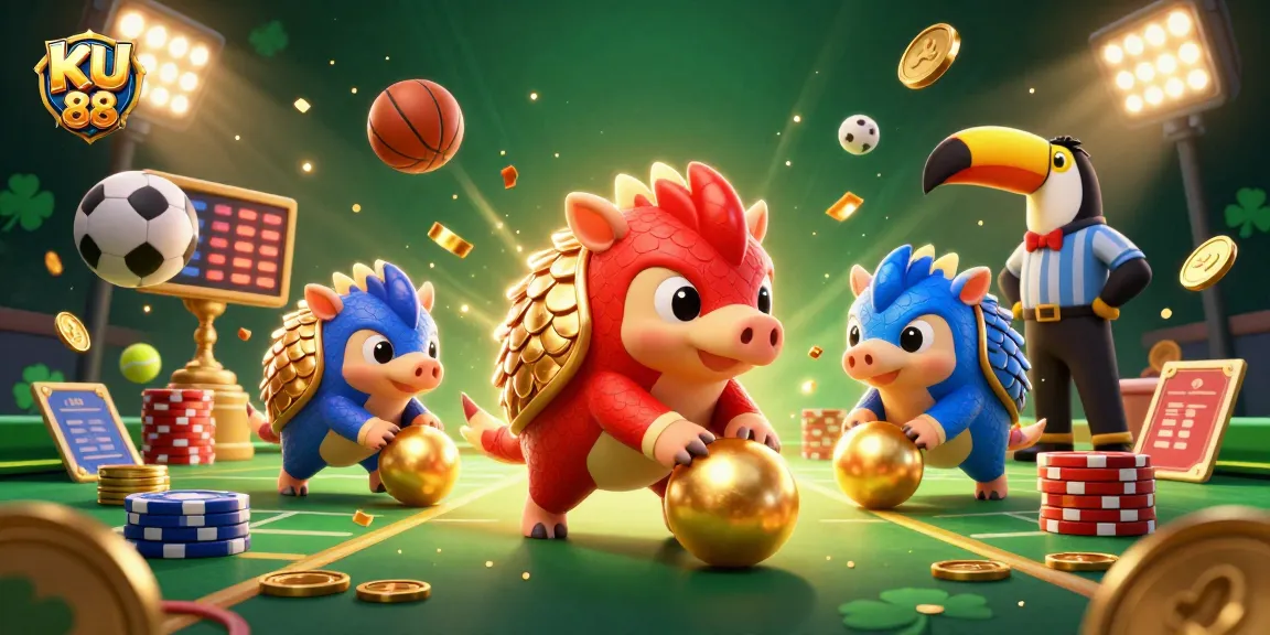 Experience the thrill of KU 88 with rival pangolins rolling through poker chips in an energetic casino scene.