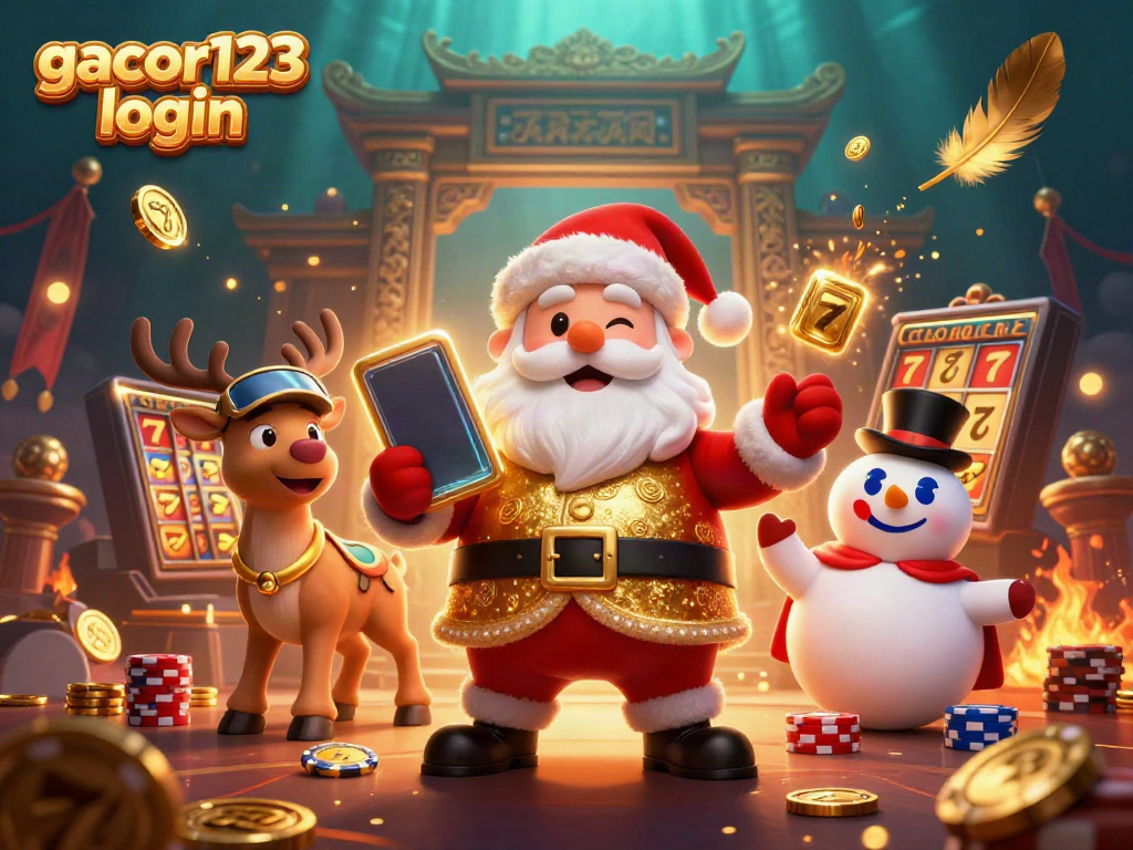 Win big with gacor123 login as Santa and friends celebrate in a vibrant casino scene.
