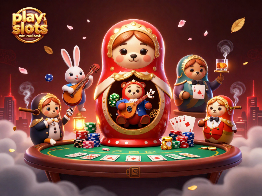 Play slots win real cash with ROKDA7 Game's vibrant 3D casino scene filled with engaging characters.