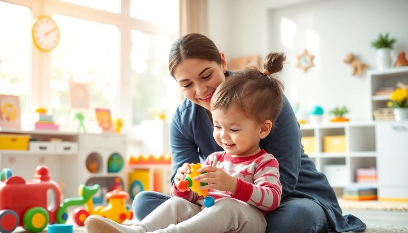 Encouraging ABA therapy for kids with a therapist and child in a colorful, bright room.