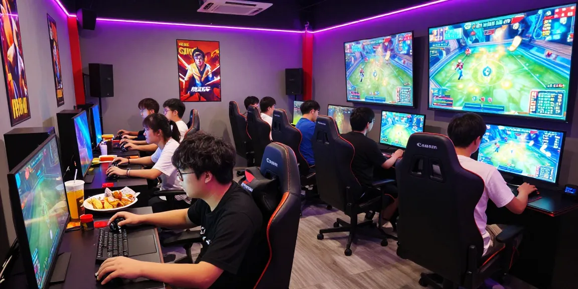Intense gaming tournament scene with players engaged in Slot MAHJONGJP88, vibrant LED lights, dynamic atmosphere.