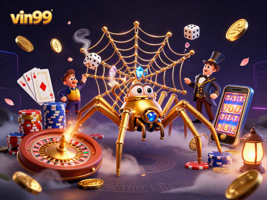 Experience thrilling wins at vin99 with a steampunk spider and a Victorian fly in a dynamic casino scene.