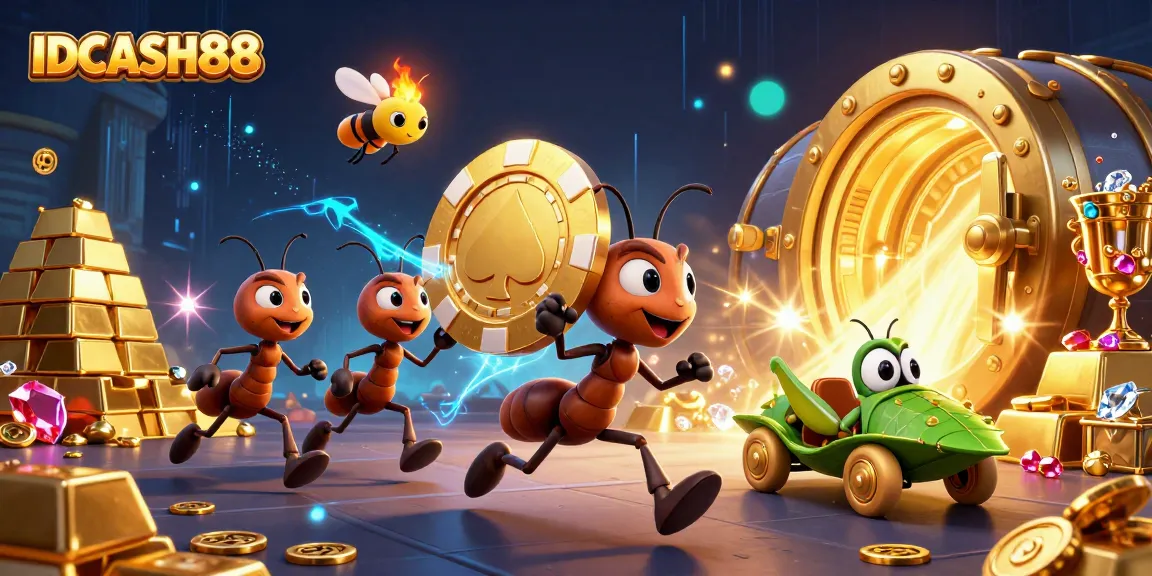 IDCASH88 ants carrying a giant poker chip through a vibrant gaming tunnel with treasure elements.