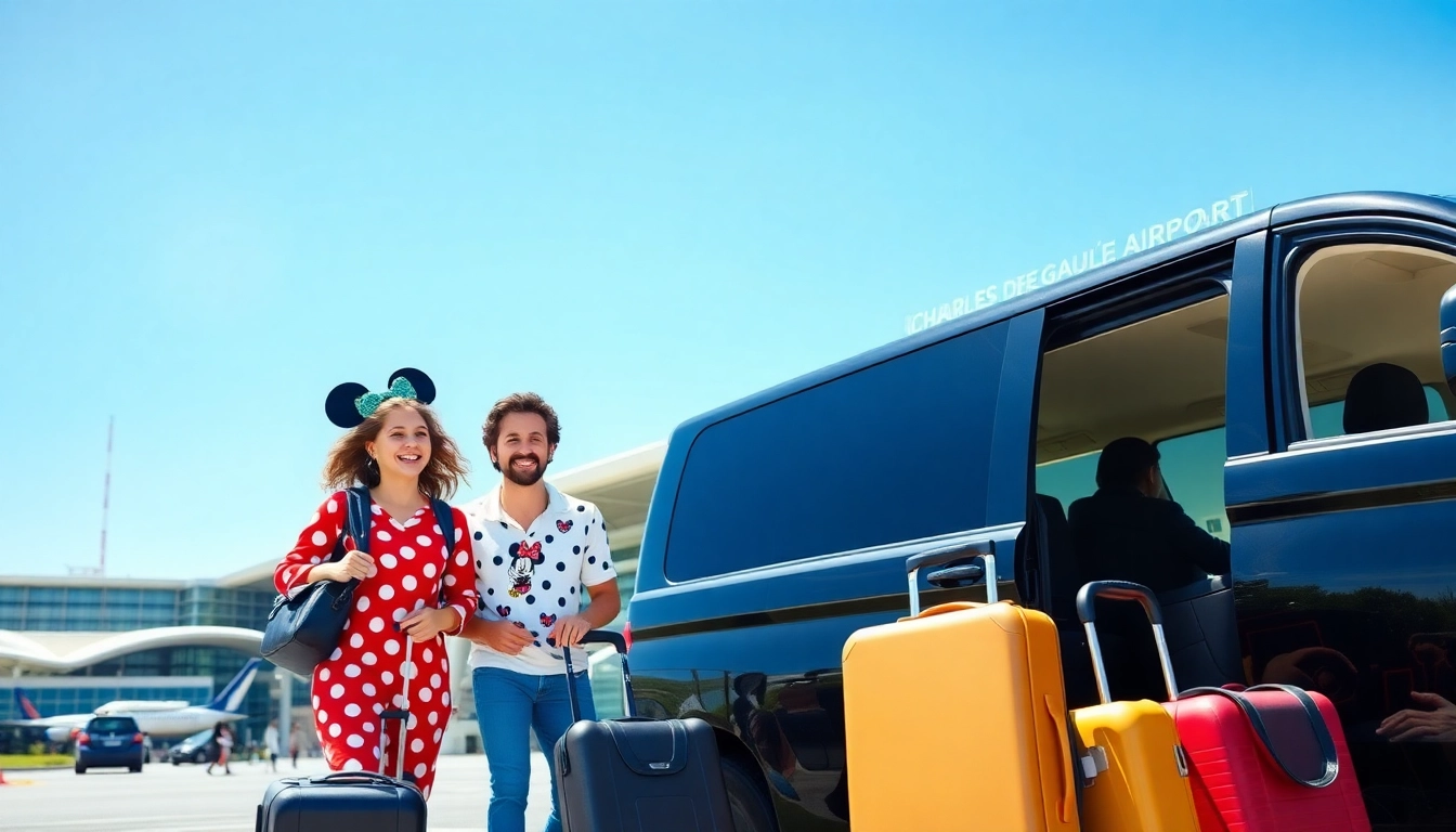 Experience the ease of a disney paris airport transfer as a family boards their transfer vehicle.