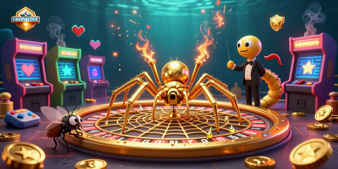 Experience excitement at casinoscout with a golden spider at a roulette wheel surrounded by vibrant game machines.