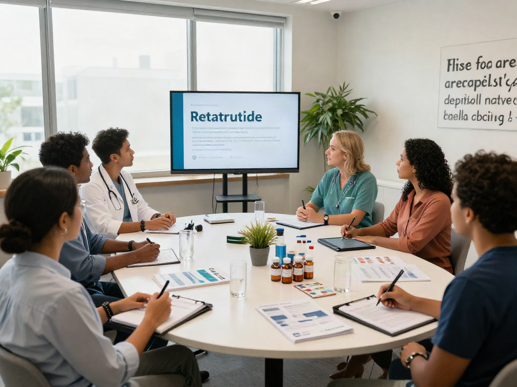 Discussion on Retatrutide at a healthcare workshop, featuring professionals engaging with peptide therapy insights.