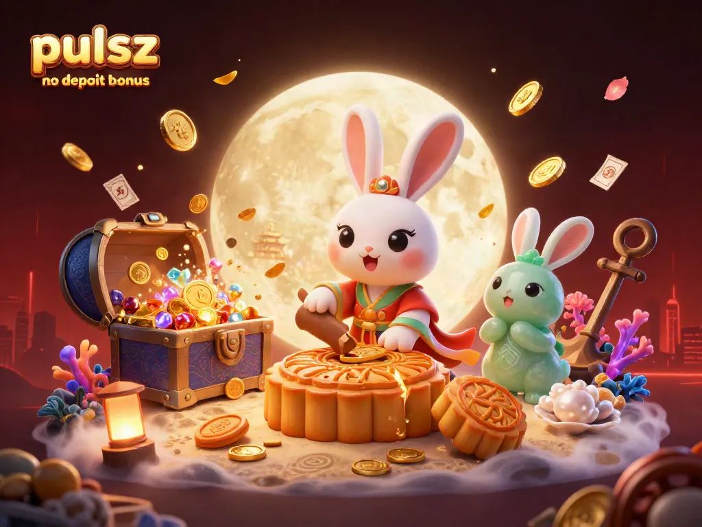 Pulsz bingo no deposit bonus with a lunar scene featuring a moon rabbit revealing poker chips and bingo cards.