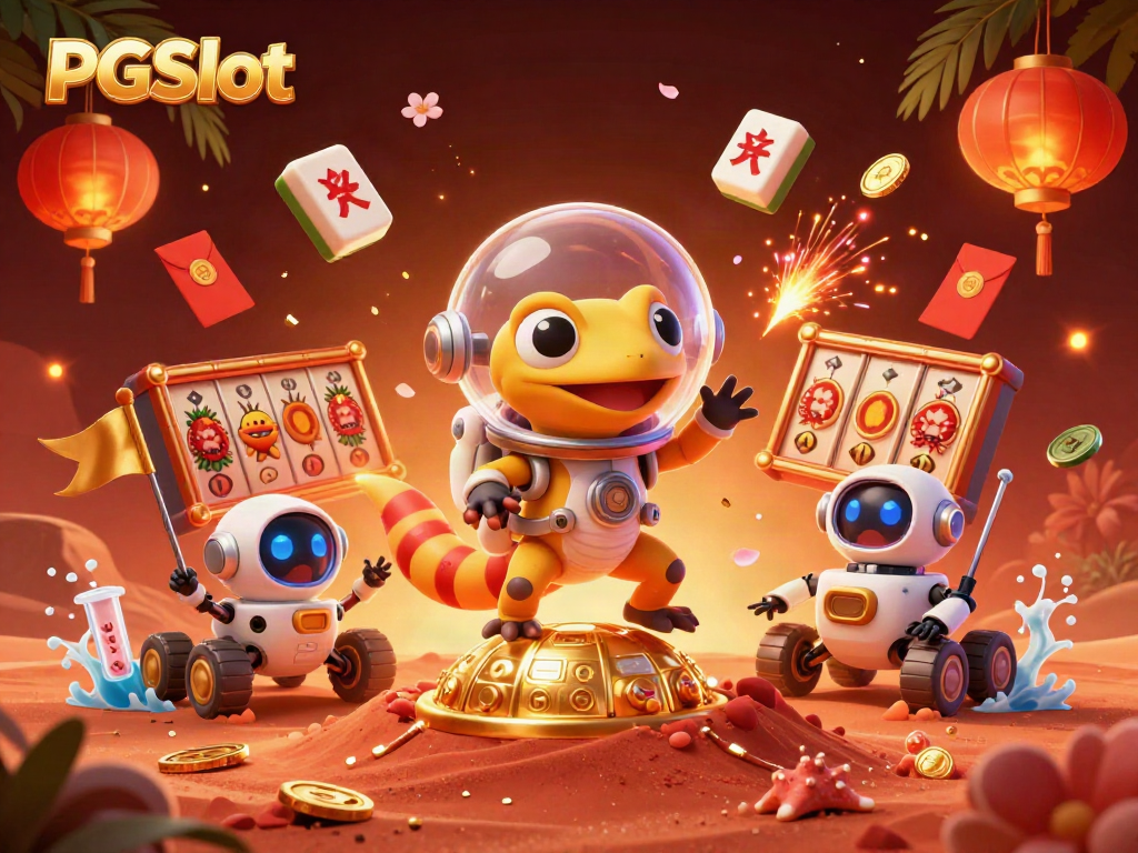Spin to win with PGSlot as a Martian gecko discovers a hidden casino in a vibrant cosmic landscape.
