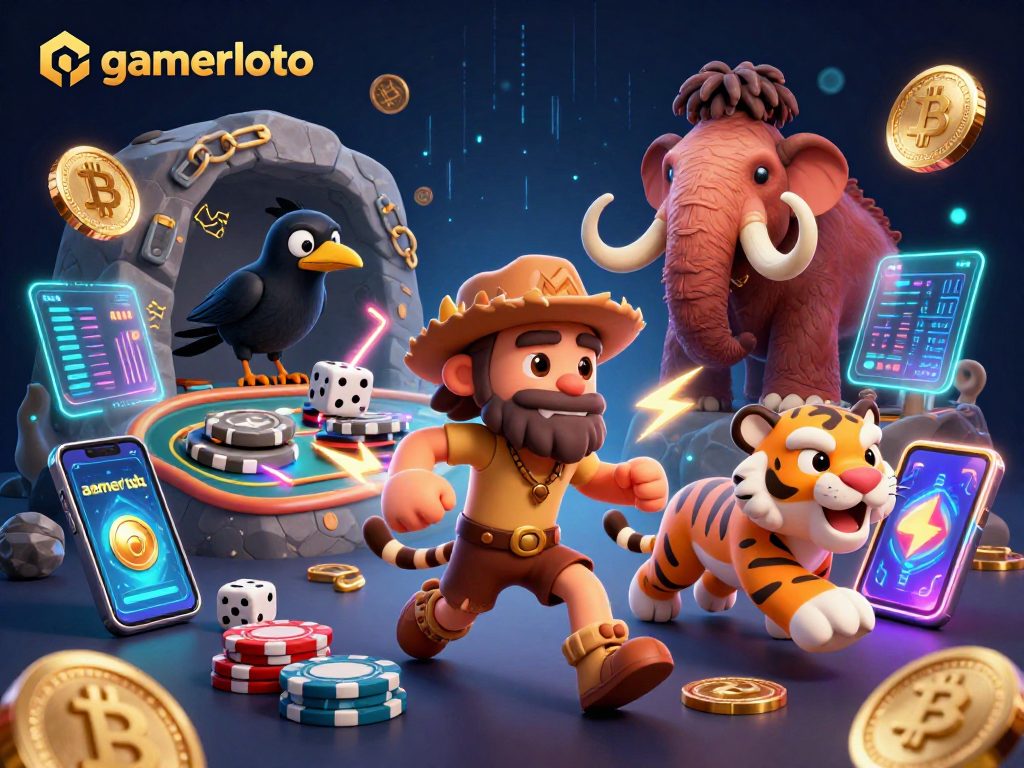 Spin the reels at gamerloto with caveman and sabertooth tiger in a vibrant prehistoric casino scene!