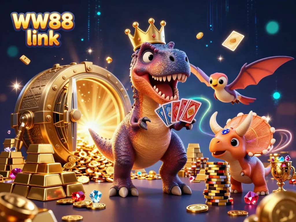 Engage with WW88 link in a lively 3D cartoon scene featuring a T-Rex, pterodactyl, and triceratops surrounded by treasures