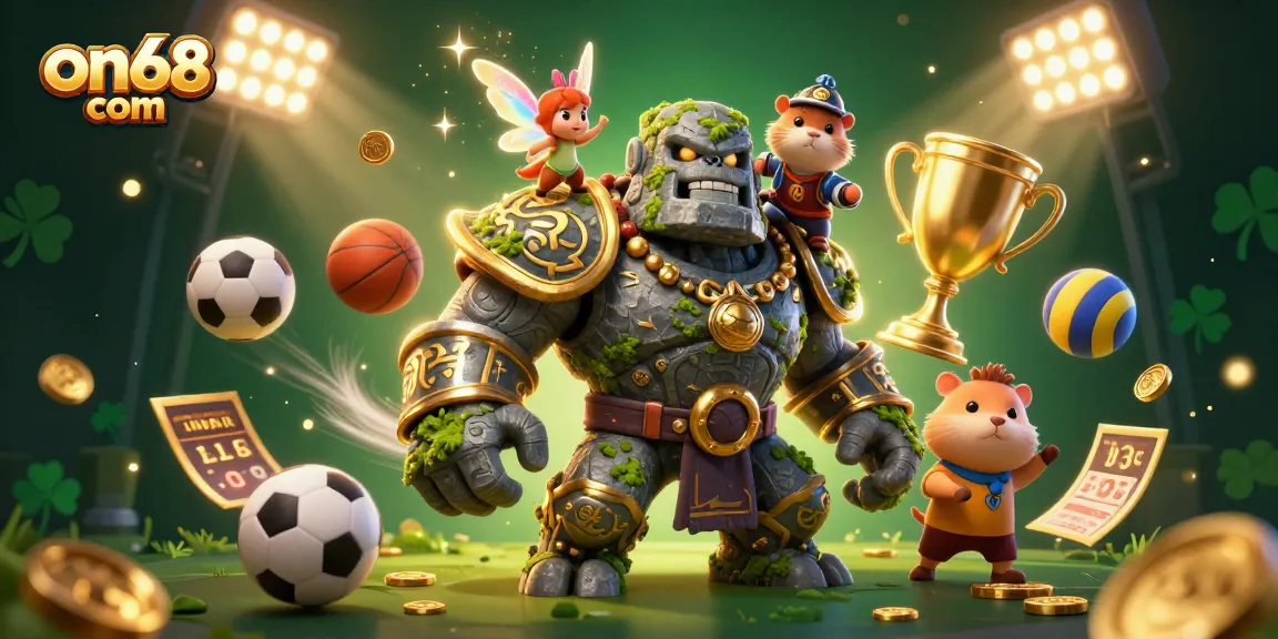 Experience thrilling gameplay at on68 com with our vibrant casino illustration showcasing a stone golem and magical characters!