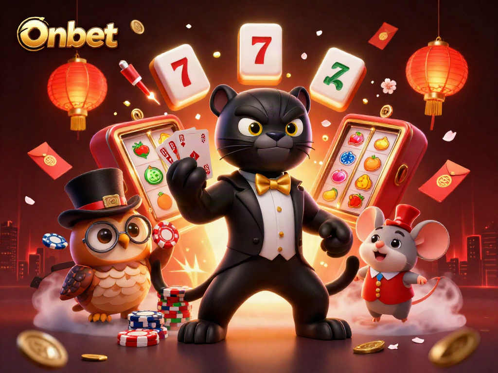 Engage with Onbet's interactive casino scene featuring a tuxedoed panther dealing cards with luck-enhancing symbols.