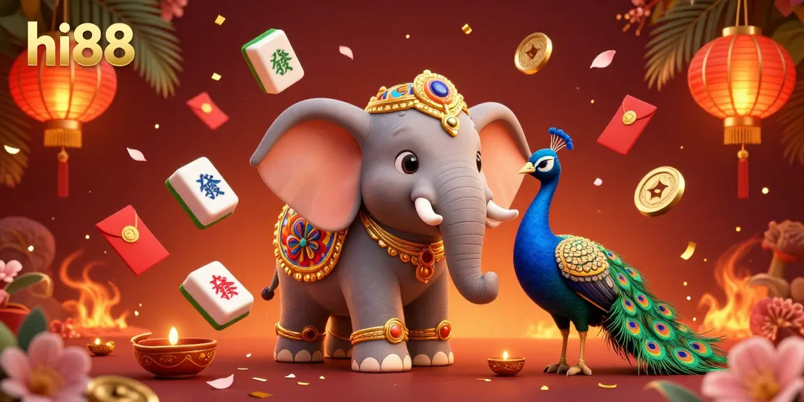Engage in vibrant casino action with hi88 showcasing a colorful 3D elephant and peacock in a lively scene.