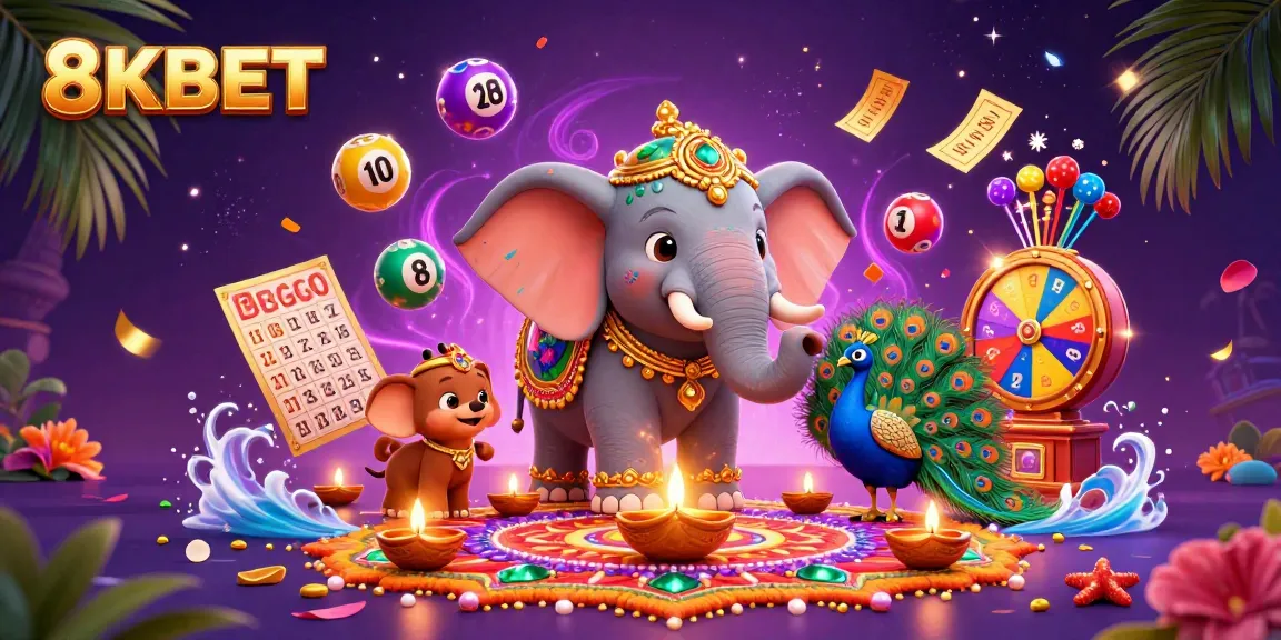Experience the thrill of 8KBET in an entertaining lottery and bingo scene with colorful elements and dynamic characters.