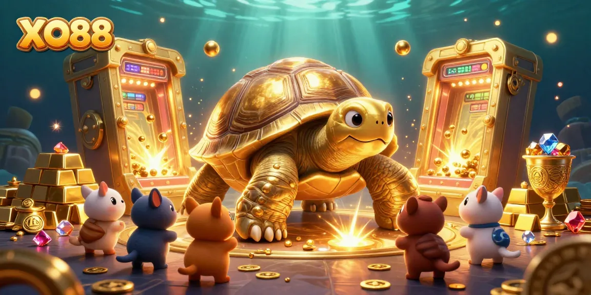 Play exciting casino games with XO88, featuring a whimsical tortoise pinball machine in a treasure-filled scene.