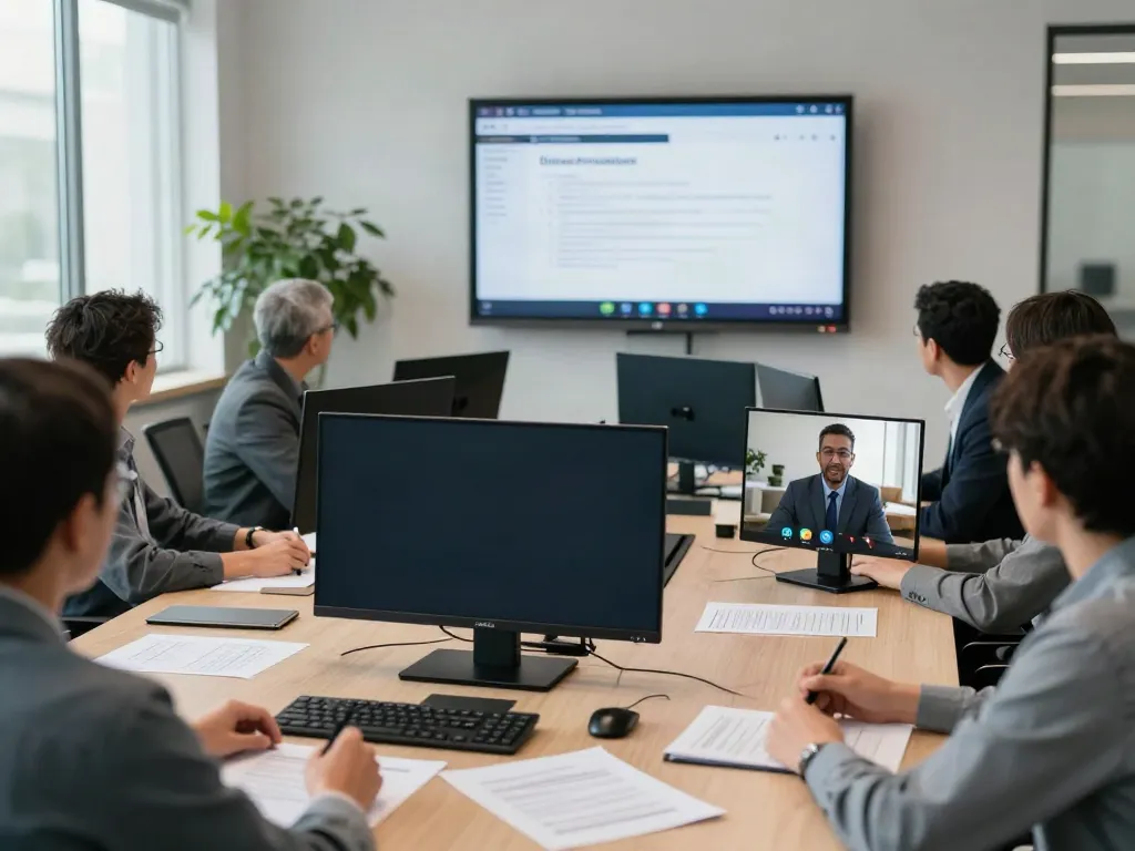 Deepfake protected Conferencing with a professional team engaged in a virtual meeting, emphasizing advanced technology and collaboration.