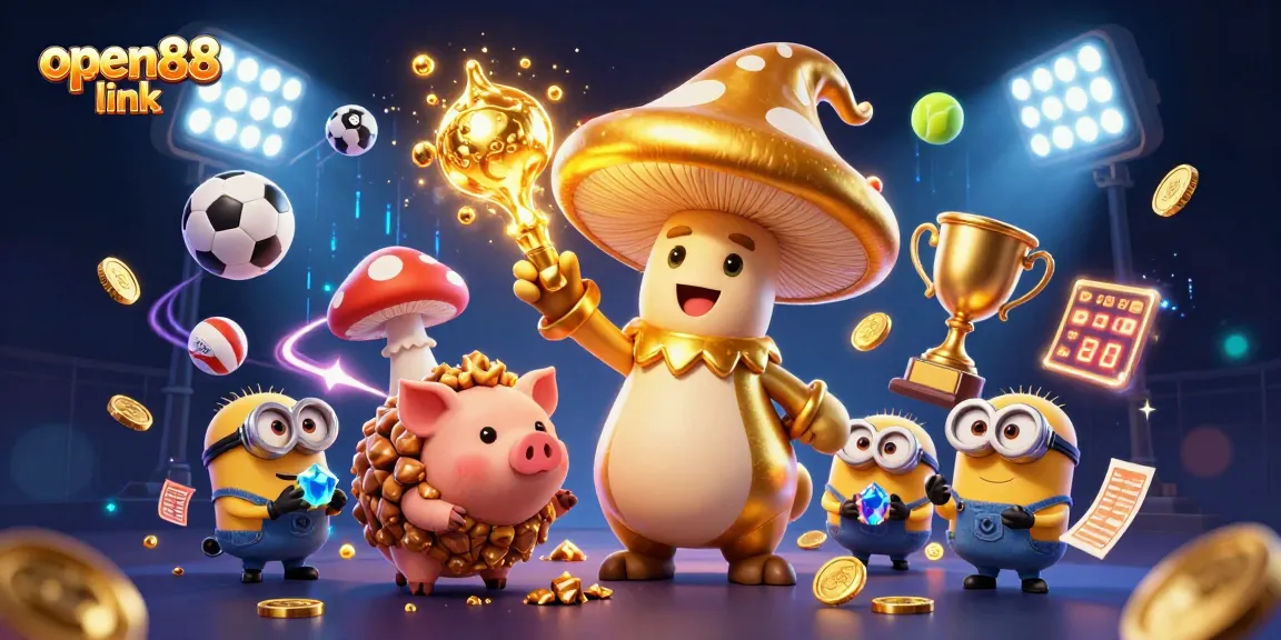 Experience ultimate fun at open88 link with a magical scene featuring a wizard, treasure, and dynamic sports elements.