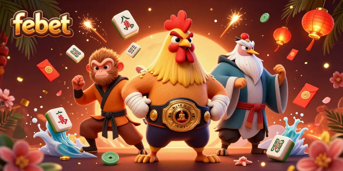 Bet on febet with a vibrant 3D illustration of gaming characters and elements in a dynamic casino setting.