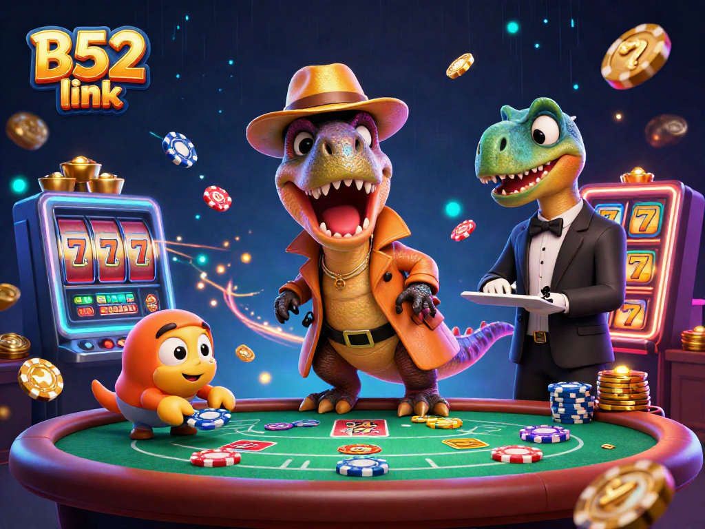 Winning at B52 link with velociraptor card counter and stegosaurus pit boss in a vibrant casino scene.