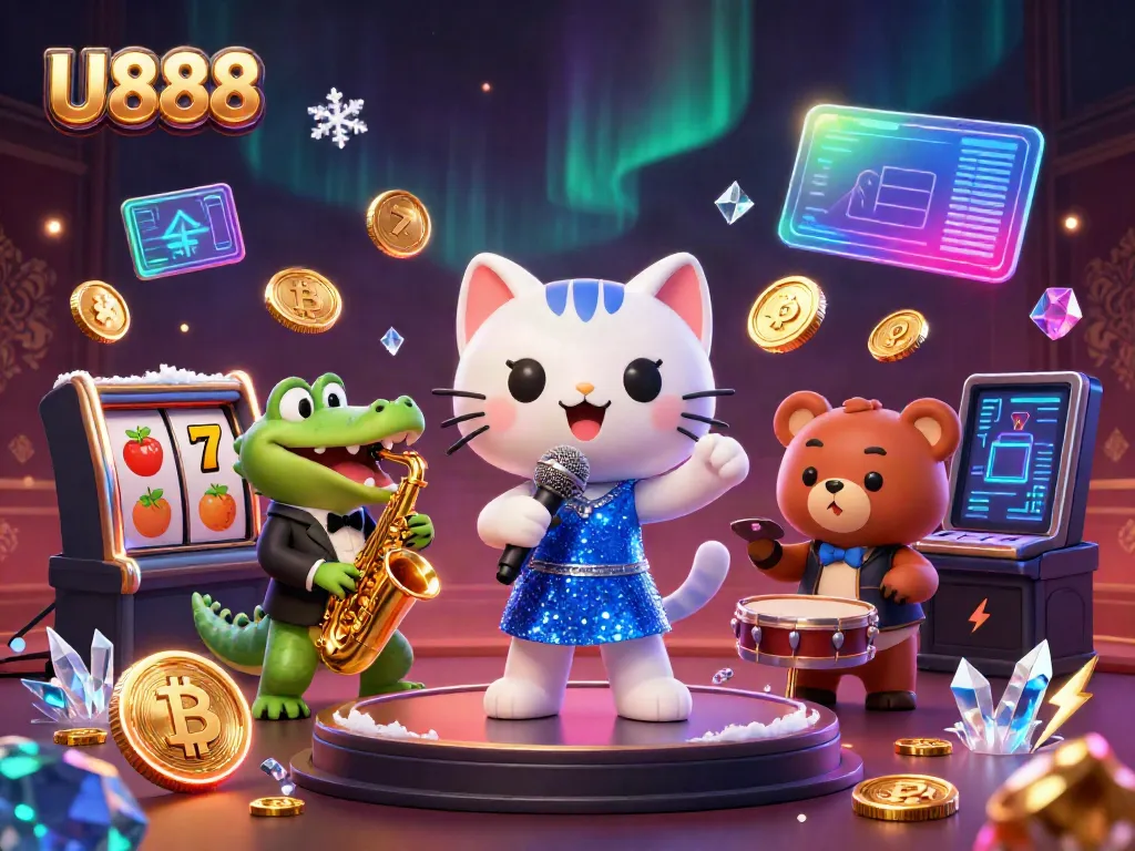 Join the excitement at U888 with colorful casino characters and slot elements.