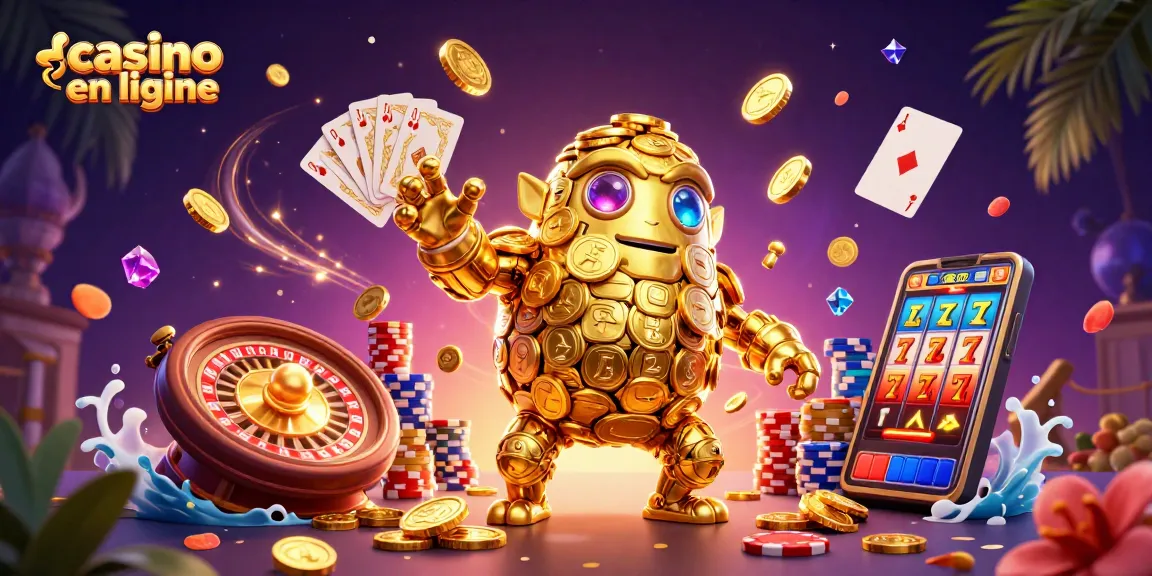 Jouez au casino en ligne avec une illustration dynamique de machines à sous et de jetons colorés.