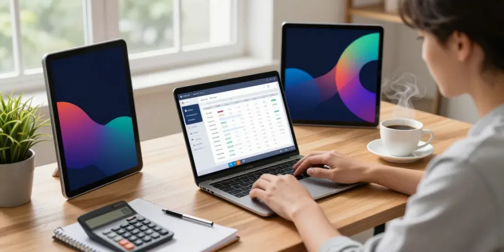 Engaging personal finance workspace featuring budgeting tools, laptop, and warm lighting.