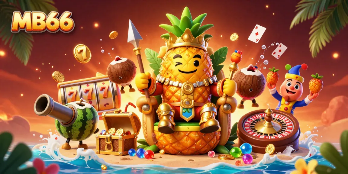 Engage with MB66's vibrant 3D casino scene featuring a golden pineapple king and dynamic gaming elements.