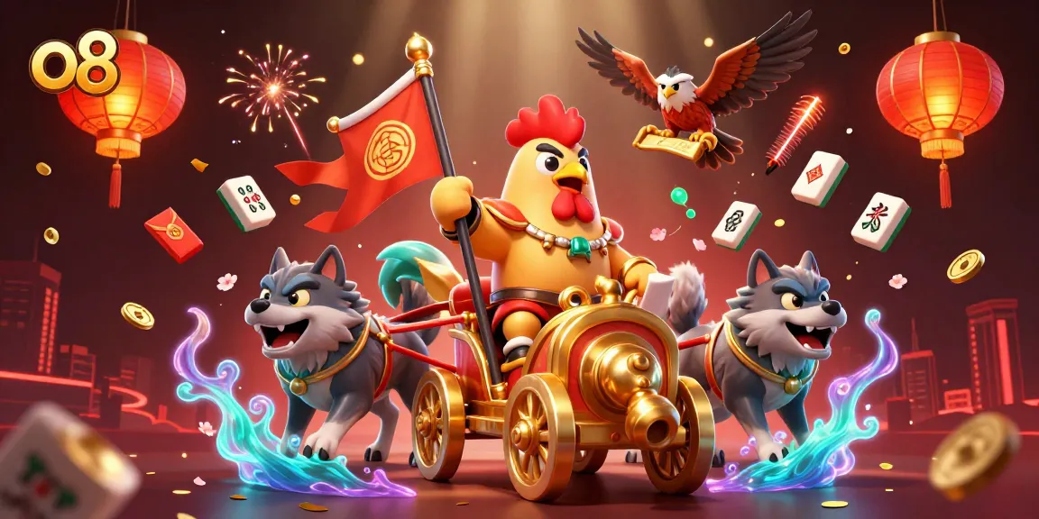 Engage with the thrilling o8 gaming experience featuring a rooster warlord amidst floating casino elements.