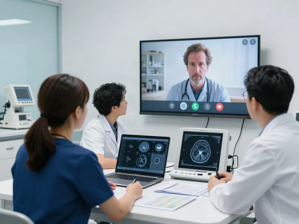 Virtual stroke care consultation between neurologist and patient in a modern telemedicine setup.
